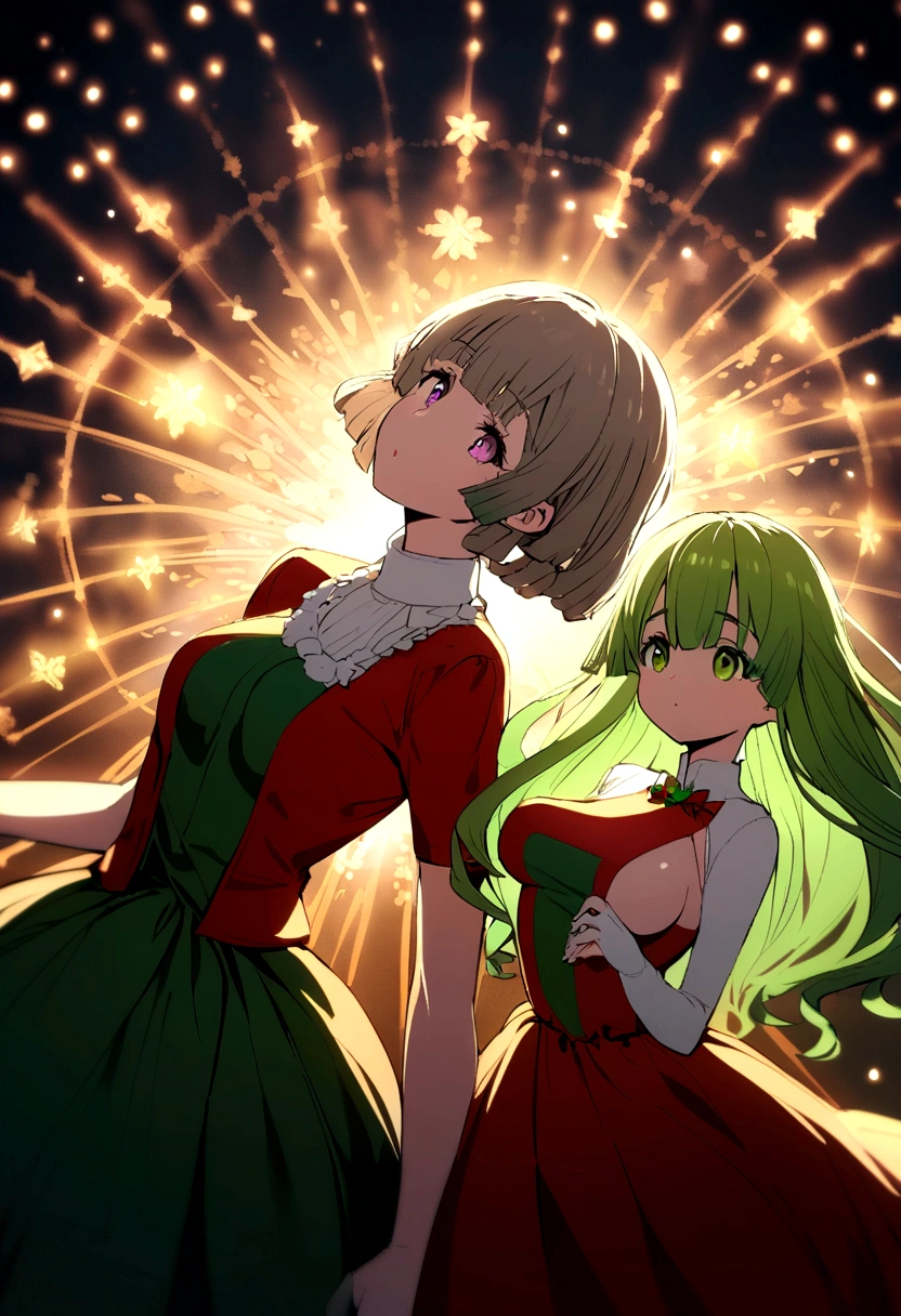 Mitsuri Kanroji with a short Mama Clous dress and with a Christmas style background, the dress being a little shorter and highlighting her , the Mama Clous dress being shorter