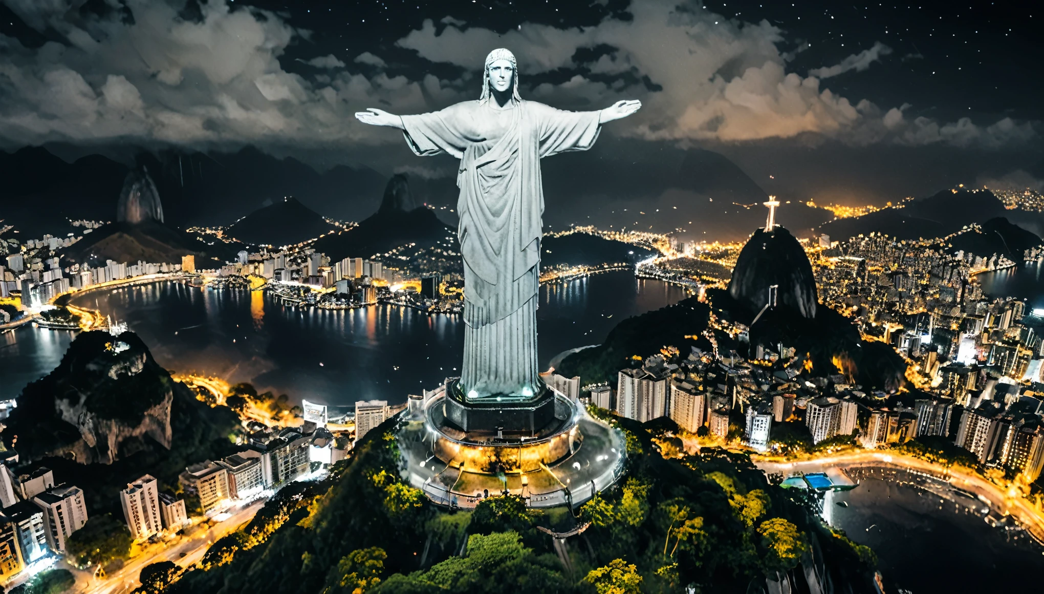 Reality,4K,8K, Vibrant and colorful night scenery ,Brazil,Rio de Janeiro,Christ the Redeemer ,grayscale