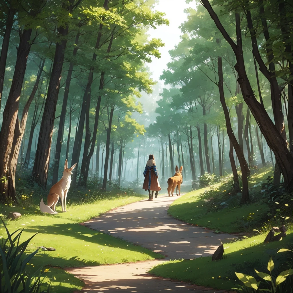 Wonderful des, several druids walk through the forest, Fox, the wolf and the hare walk side by side