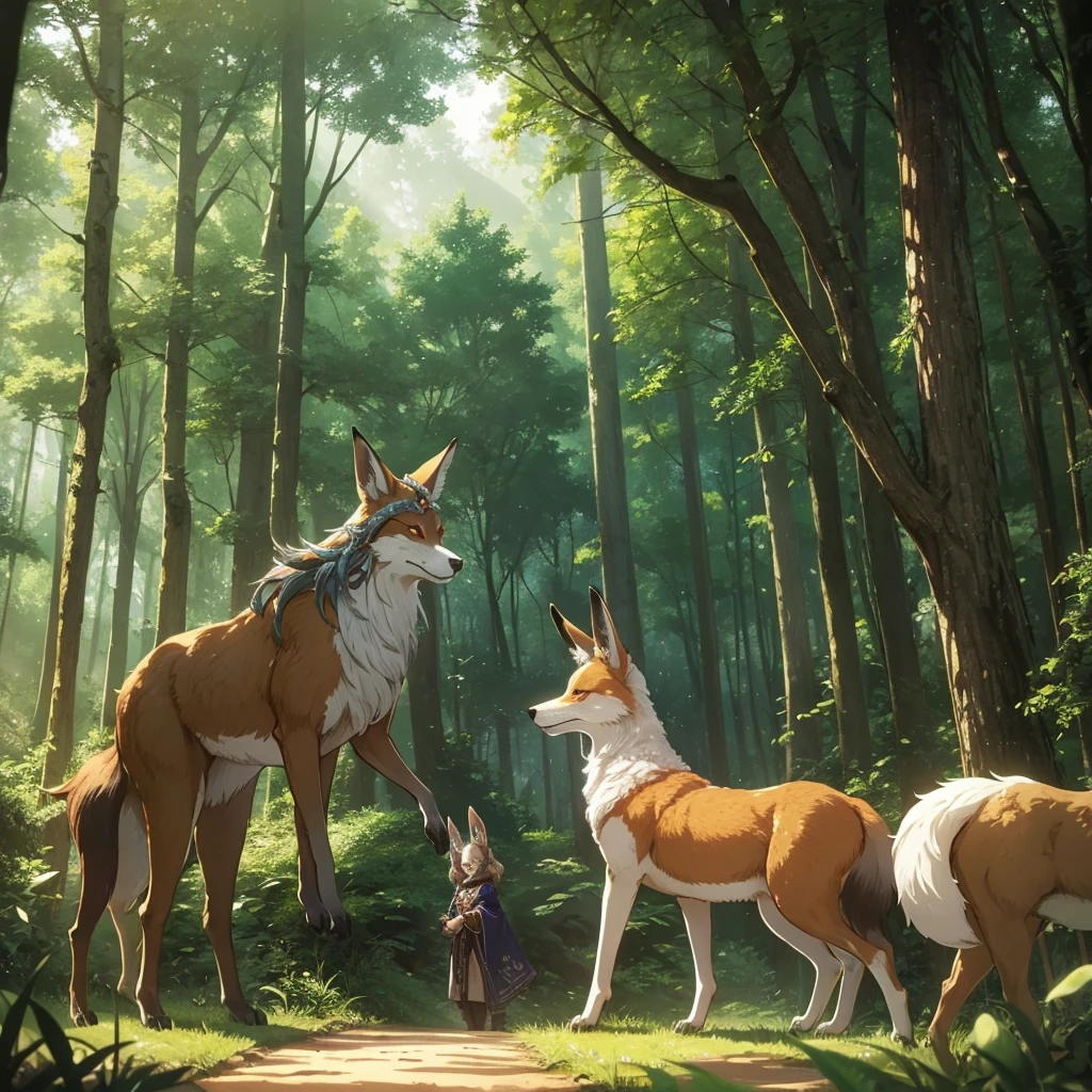 Wonderful des, several druids walk through the forest, Fox, the wolf and the hare walk side by side