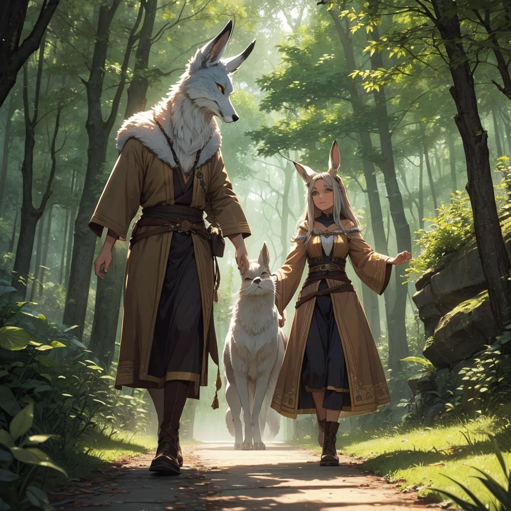 Wonderful des, several druids walk through the forest, Fox, the wolf and the hare walk side by side