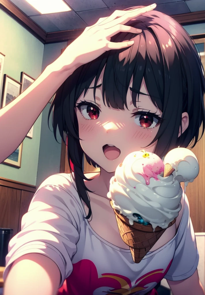 konosubaMegumin, Megumin, short hair, Black Hair, (Red eyes:1.3), short hair with long locks,happy smile, smile, Open your mouth,Tank top shirt with open mouth,Shorts,barefoot,barefoot,Holding and eating ice cream with right hand,Sitting on the sofa,whole bodyがイラストに入るように,morning,morning陽,The sun is rising,
break indoor, room,
break looking at viewer,whole body,
break (masterpiece:1.2), Highest quality, High resolution, unity 8k wallpaper, (figure:0.8), (Beautiful attention to detail:1.6), Highly detailed face, Perfect lighting, Highly detailed CG, (Perfect hands, Perfect Anatomy),