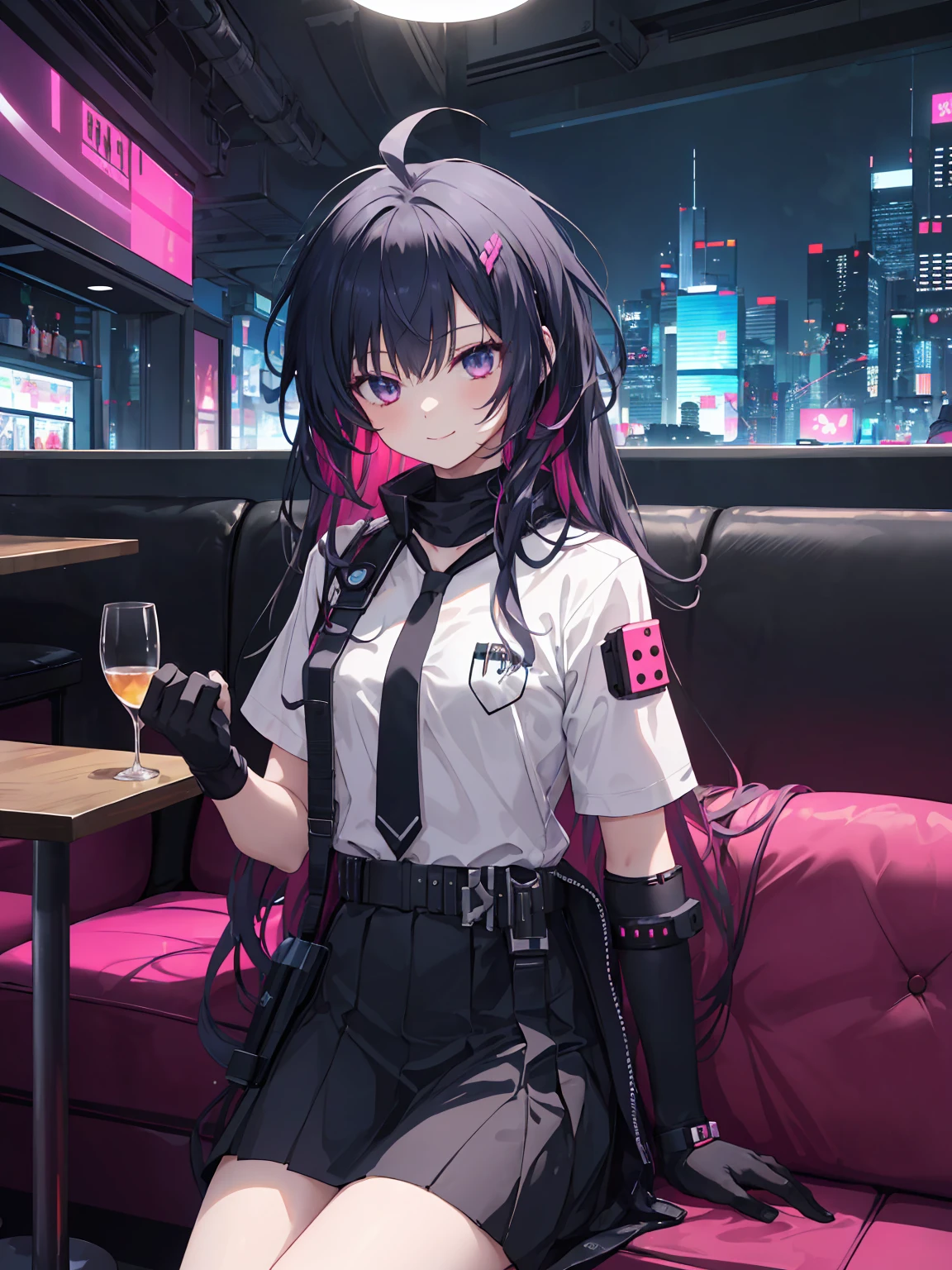 A girl,solitary,Pink long hair,Ease,Smile,Medium Length Hair,Messy hair,Short sleeve,Short sleeve游戏服,Black skirt,Black gloves,Cyberpunk Characters,night, night city background,Cyberpunk, Anime style 4K, Sitting on the sofa,indoors,In the restaurant,Black Catalyst、Character-centered