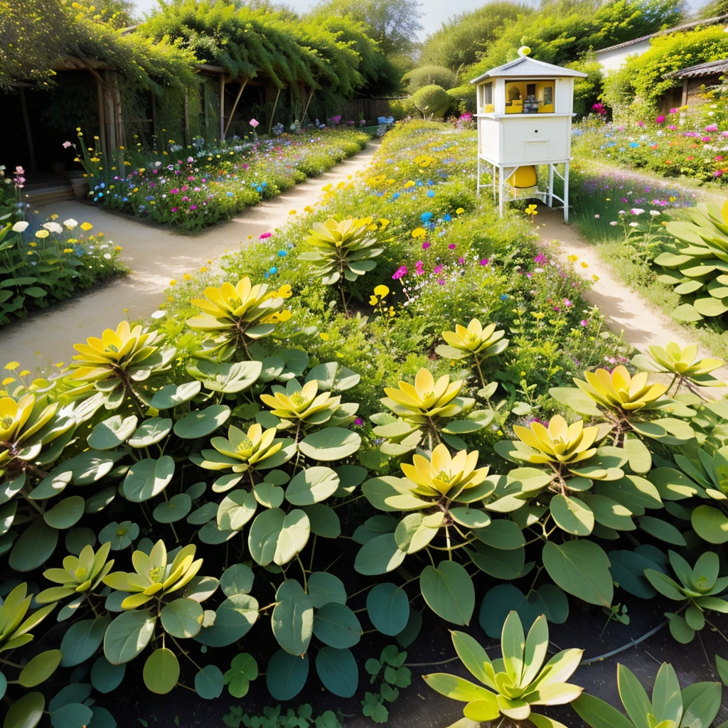 Bee hive, Queen Bee, bright coloured, flying over a flower garden, Sun and blue sky