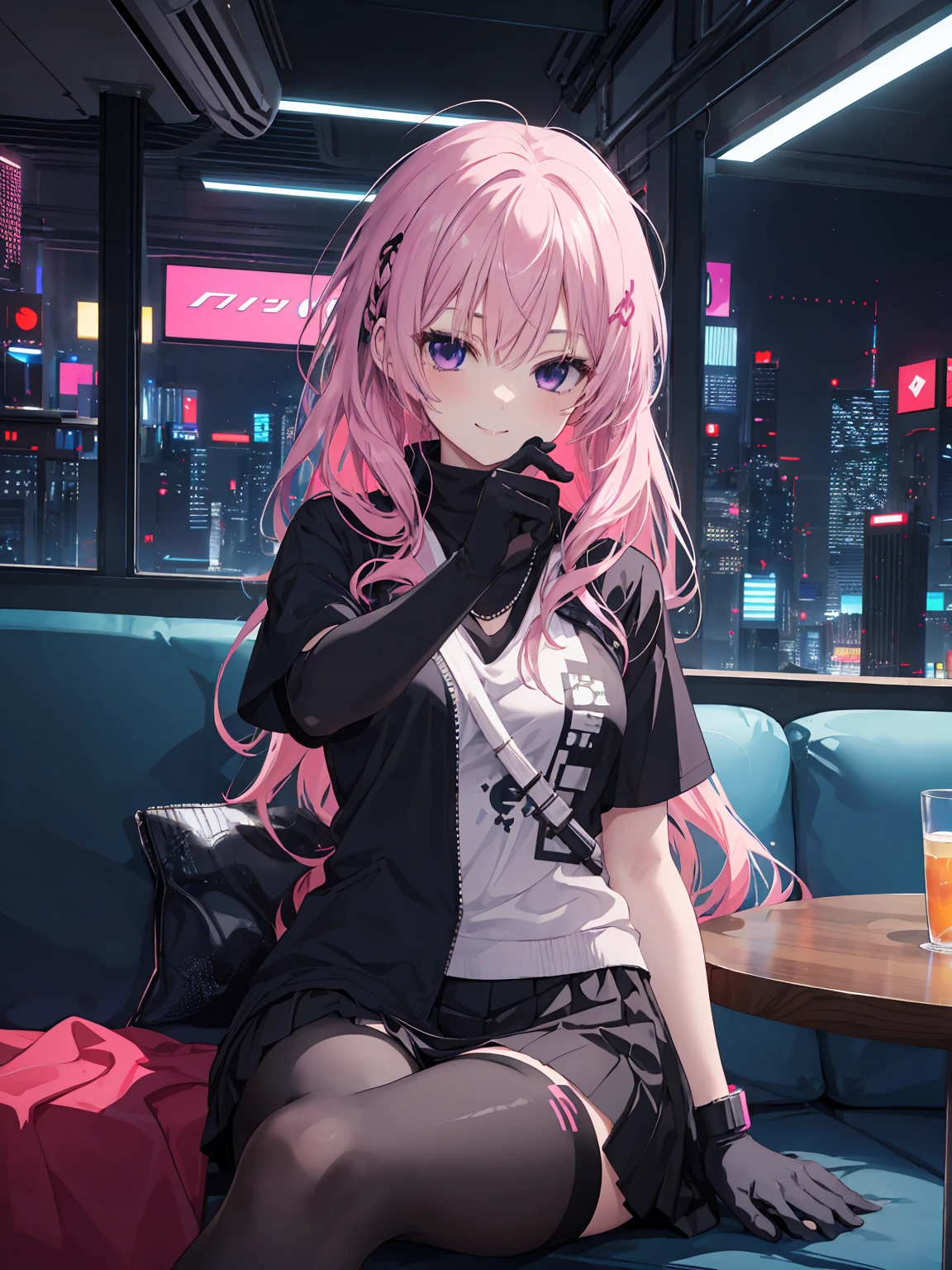 A girl,Solitary,Pink long hair,Moderate,Smile,Medium-length hair,Messy hair,Short sleeve,Short sleeve game clothes,Black skirt,Black gloves,cyberpunk Characters,night, night city background,cyberpunk, Anime style 4k, Sitting on the sofa,indoors,In the restaurant,Black Ayase Ayase、character-centered
