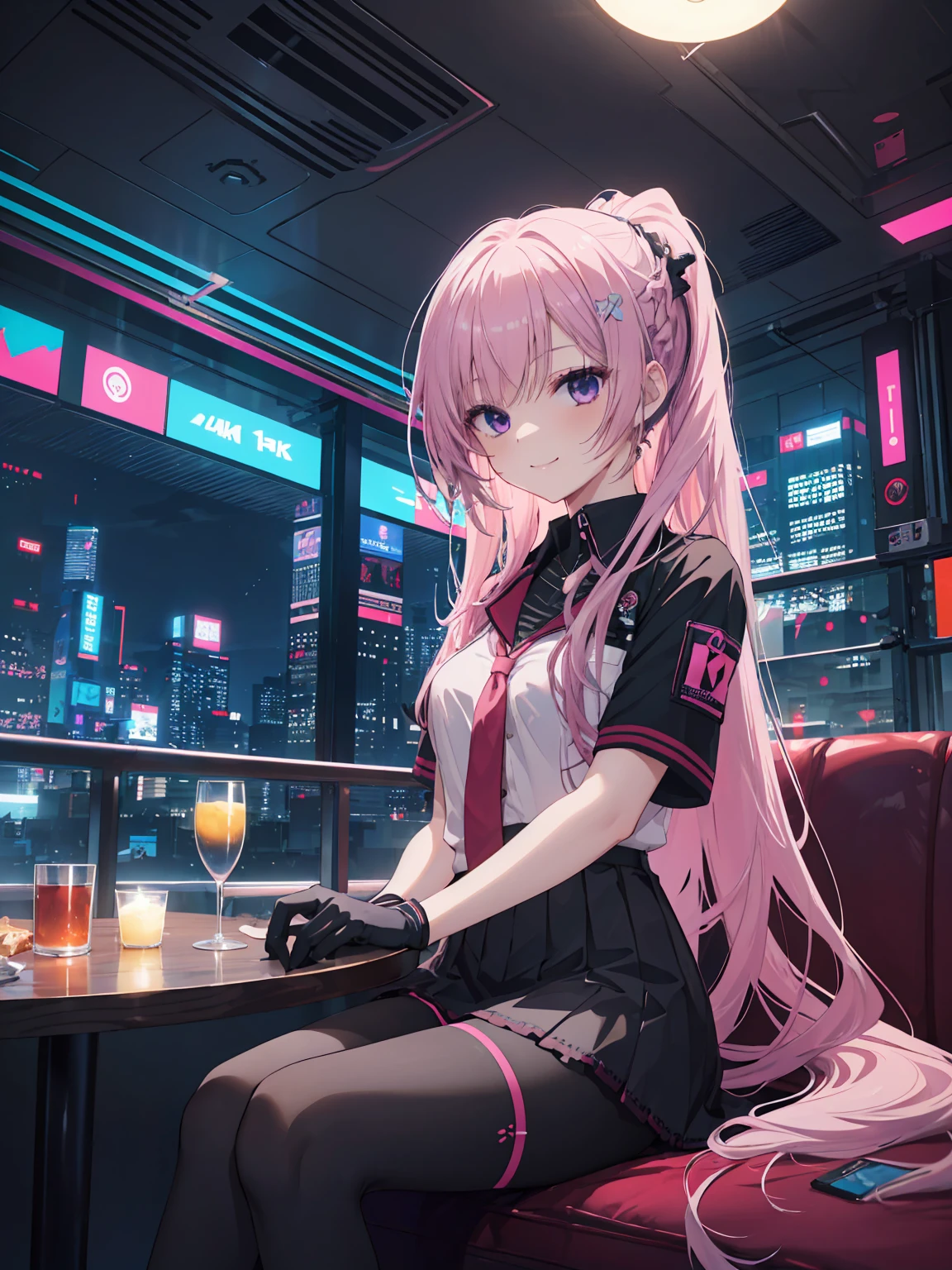 A girl，Solitary，Pink long hair，Moderate，Smile，Medium-length hair，Messy hair，Short sleeve，Short sleeve game clothes，Black skirt，Black gloves，cyberpunk Characters,night, night city background，cyberpunk, Anime style 4k, Sitting on the sofa，indoors，In the restaurant，Black Ayase Ayase、character-centered