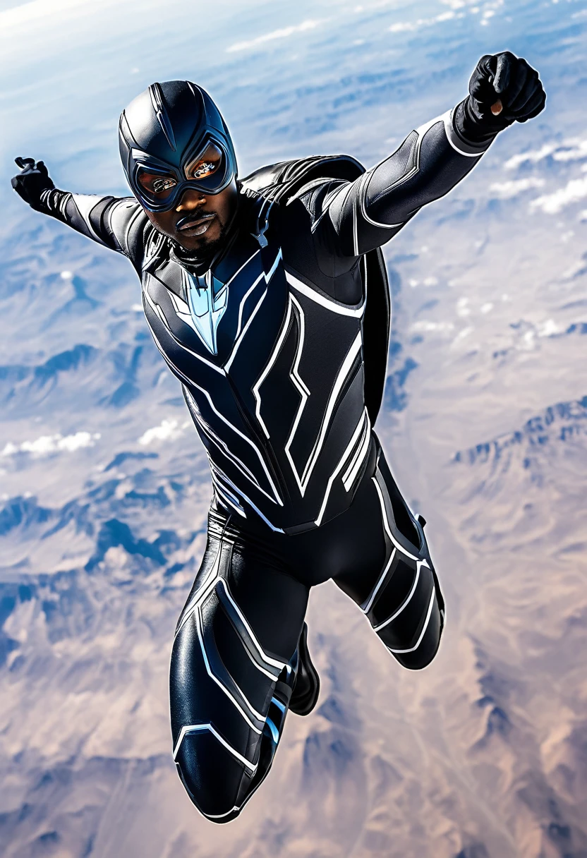 black superhero in a futuristic costume flying at 5000 feet altitude
