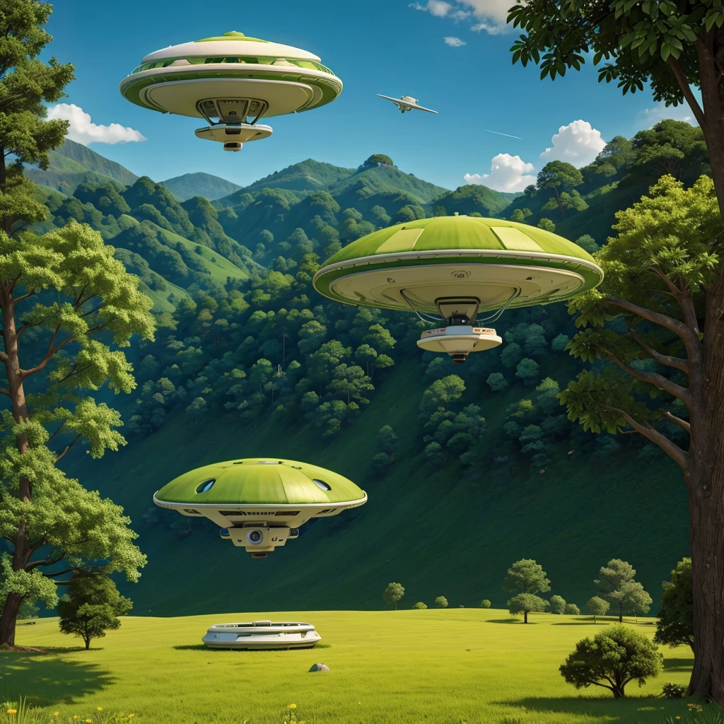 UFO flying over beautiful green valleys