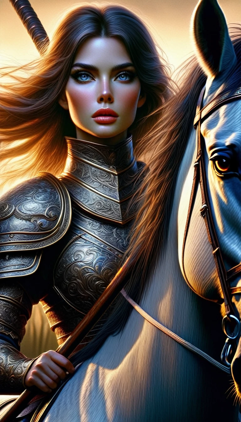 a female warrior in large armor, riding a horse, carrying a wooden staff, beautiful detailed eyes, beautiful detailed lips, extremely detailed face and eyes, long eyelashes, intricate details, oil painting, moonlit landscape, epic, cinematic, dramatic lighting, warm color palette, concept art, fantasy, hyper realistic, 8k, best quality, masterpiece, ultra-detailed, photo-realistic