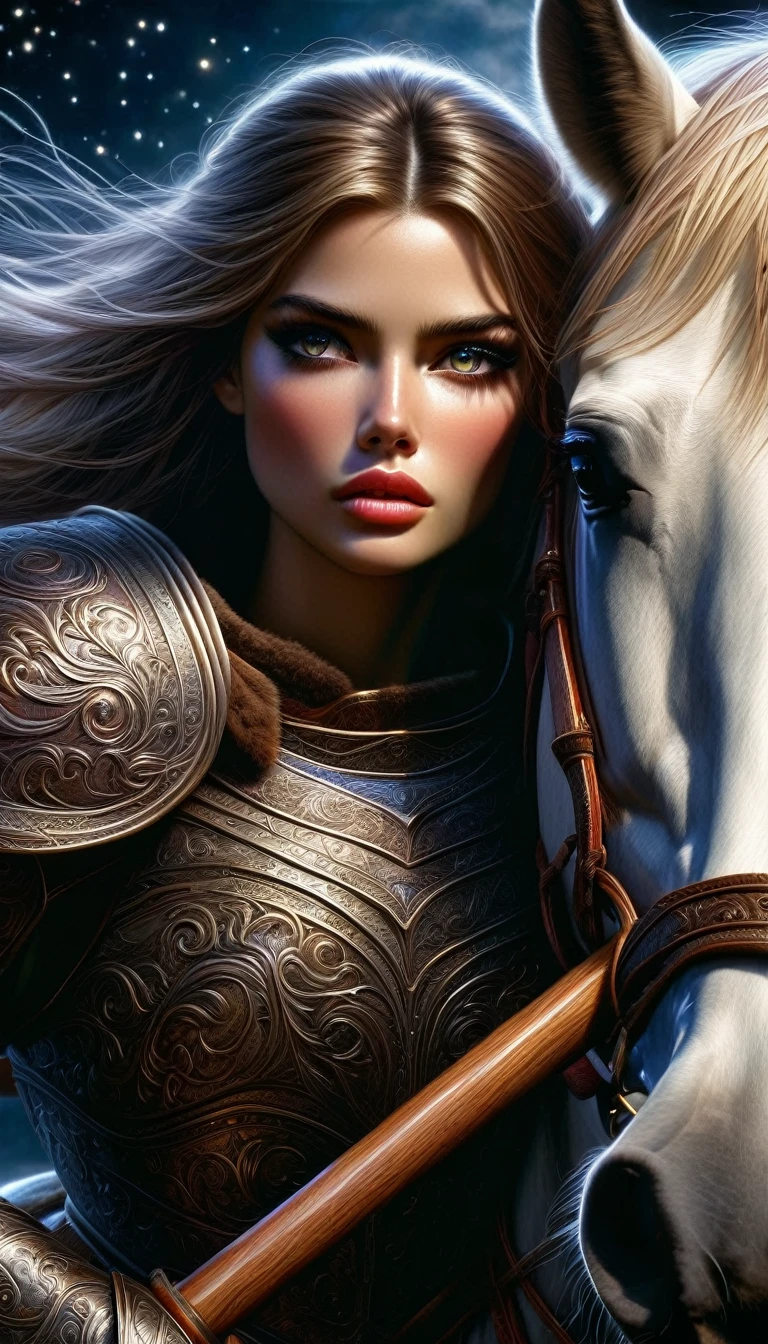 a female warrior in large armor, riding a horse, carrying a wooden staff, beautiful detailed eyes, beautiful detailed lips, extremely detailed face and eyes, long eyelashes, intricate details, oil painting, moonlit landscape, epic, cinematic, dramatic lighting, warm color palette, concept art, fantasy, hyper realistic, 8k, best quality, masterpiece, ultra-detailed, photo-realistic