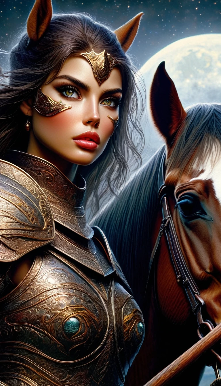a female warrior in large armor, riding a horse, carrying a wooden staff, beautiful detailed eyes, beautiful detailed lips, extremely detailed face and eyes, long eyelashes, intricate details, oil painting, moonlit landscape, epic, cinematic, dramatic lighting, warm color palette, concept art, fantasy, hyper realistic, 8k, best quality, masterpiece, ultra-detailed, photo-realistic