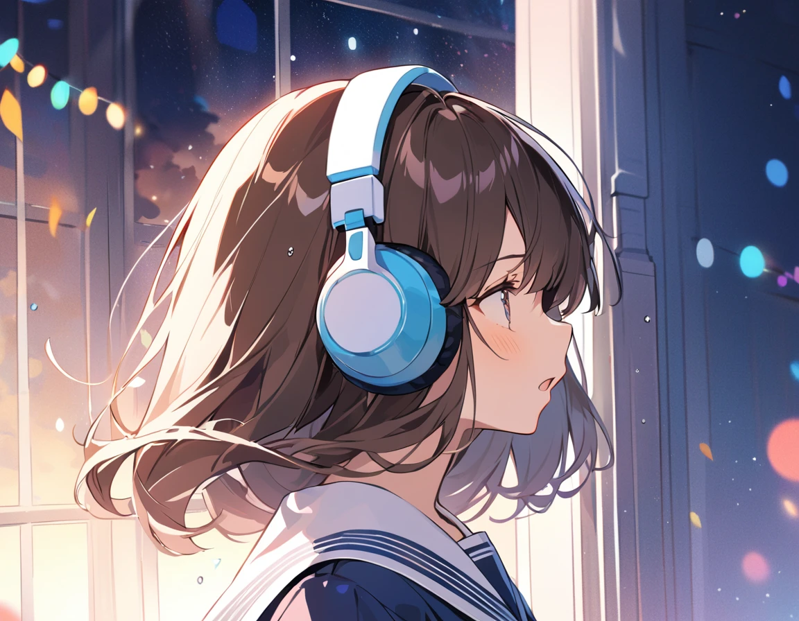 BREAK Perfect Anatomy、Highest quality、(cute:1.1)、(cute)、(High resolution:1.2)、Unbelievably absurd:1.3、Incredible illustrations、(cuteイラスト:1.2)、(Beautiful background、May rain、Window)、1gial(Dark brown hair、Headphoneole under eye)(Sailor suit)(Close your eyes and sing to the sky)(singing)(Profile、upper body)