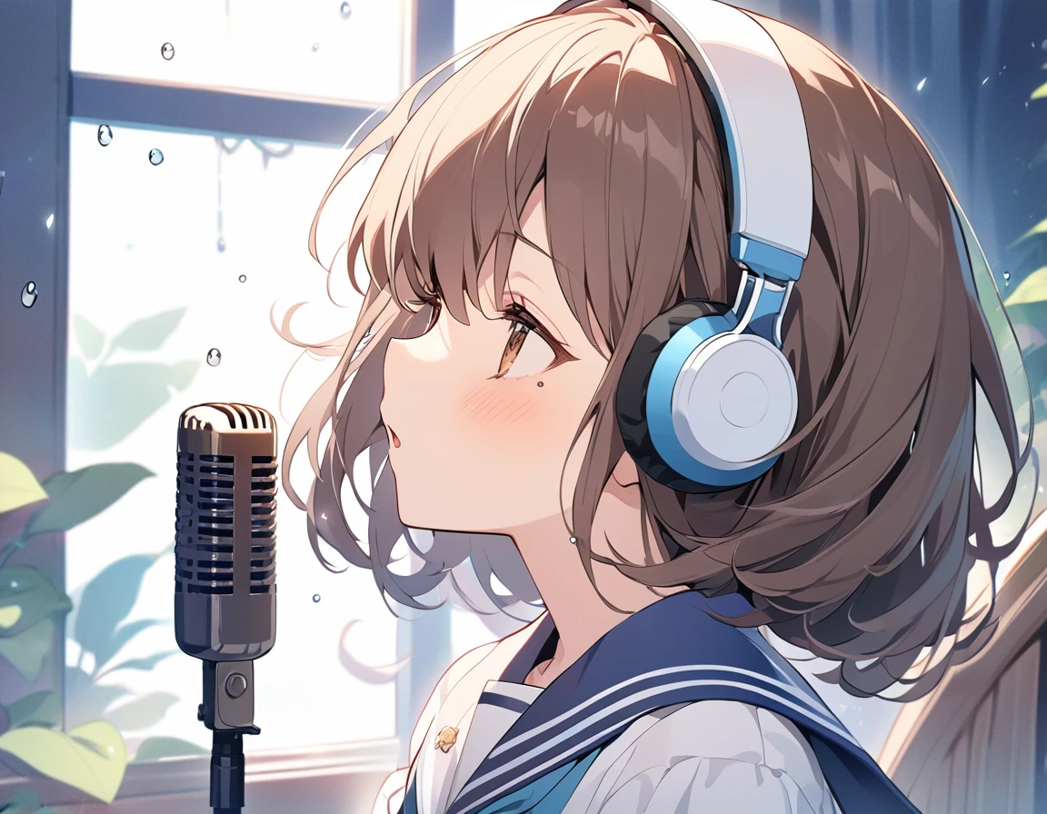BREAK Perfect ???????、Highest quality、(cute:1.1)、(cute)、(High resolution:1.2)、Unbelievably absurd:1.3、Incredible illustrations、(cuteイラスト:1.2)、（Beautiful background、May rain、Window）、1gial(Dark brown hair、Headphoneole under eye）（Sailor suit）（Close your eyes and sing to the sky）（singing）（Profile、upper body）