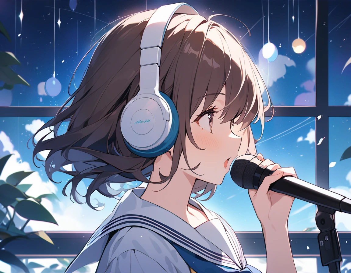 BREAK Perfect 、Highest quality、(cute:1.1)、(cute)、(High resolution:1.2)、Unbelievably absurd:1.3、Incredible illustrations、(cuteイラスト:1.2)、（Beautiful background、May rain、Window）、1gial(Dark brown hair、Headphoneole under eye）（Sailor suit）（Close your eyes and sing to the sky）（singing）（Profile、upper body）