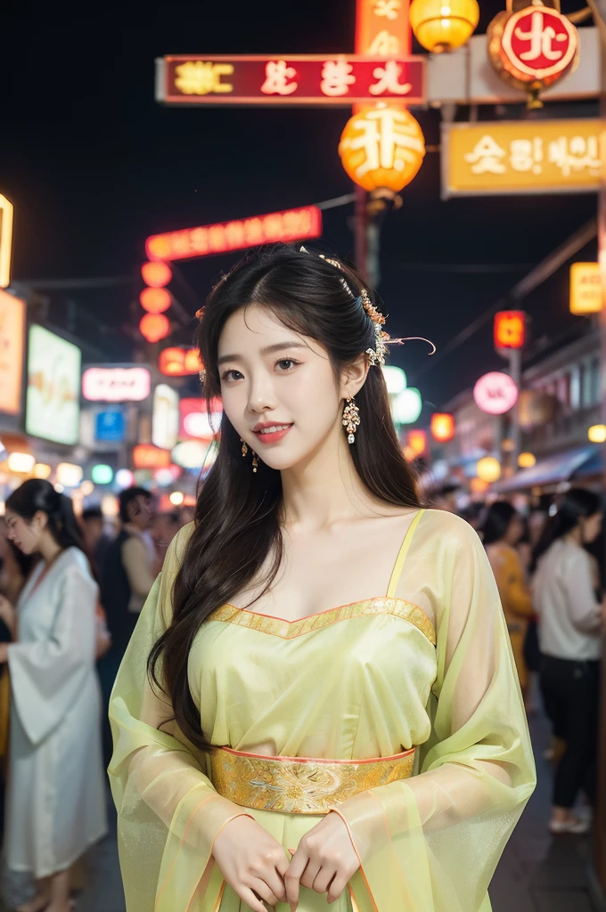 (((best quality))),(((ultra detailed))),(((masterpiece))),illustration,1girl,see through gauze Korean traditional Costume,slim,flat chest,laughing, summer night,Korean city scape, street, neon signs, beautiful, vibrant, detailed facial features,medium hair, elegance, cultural atmosphere, bustling city, colorful advertisements, reflections, lively atmosphere, street food aroma