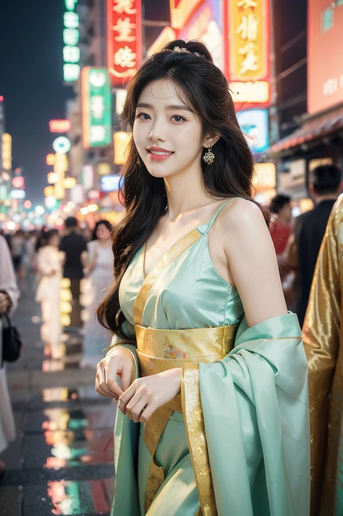 (((best quality))),(((ultra detailed))),(((masterpiece))),illustration,1girl,see through gauze Korean traditional Costume,slim,flat chest,laughing, summer night,Korean city scape, street, neon signs, beautiful, vibrant, detailed facial features,medium hair, elegance, cultural atmosphere, bustling city, colorful advertisements, reflections, lively atmosphere, street food aroma