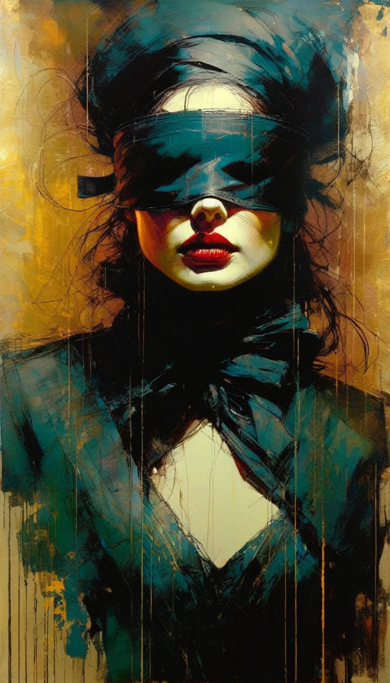blindfolded woman (Bill Sienkiewicz inspired art, intricate details, oil painting)