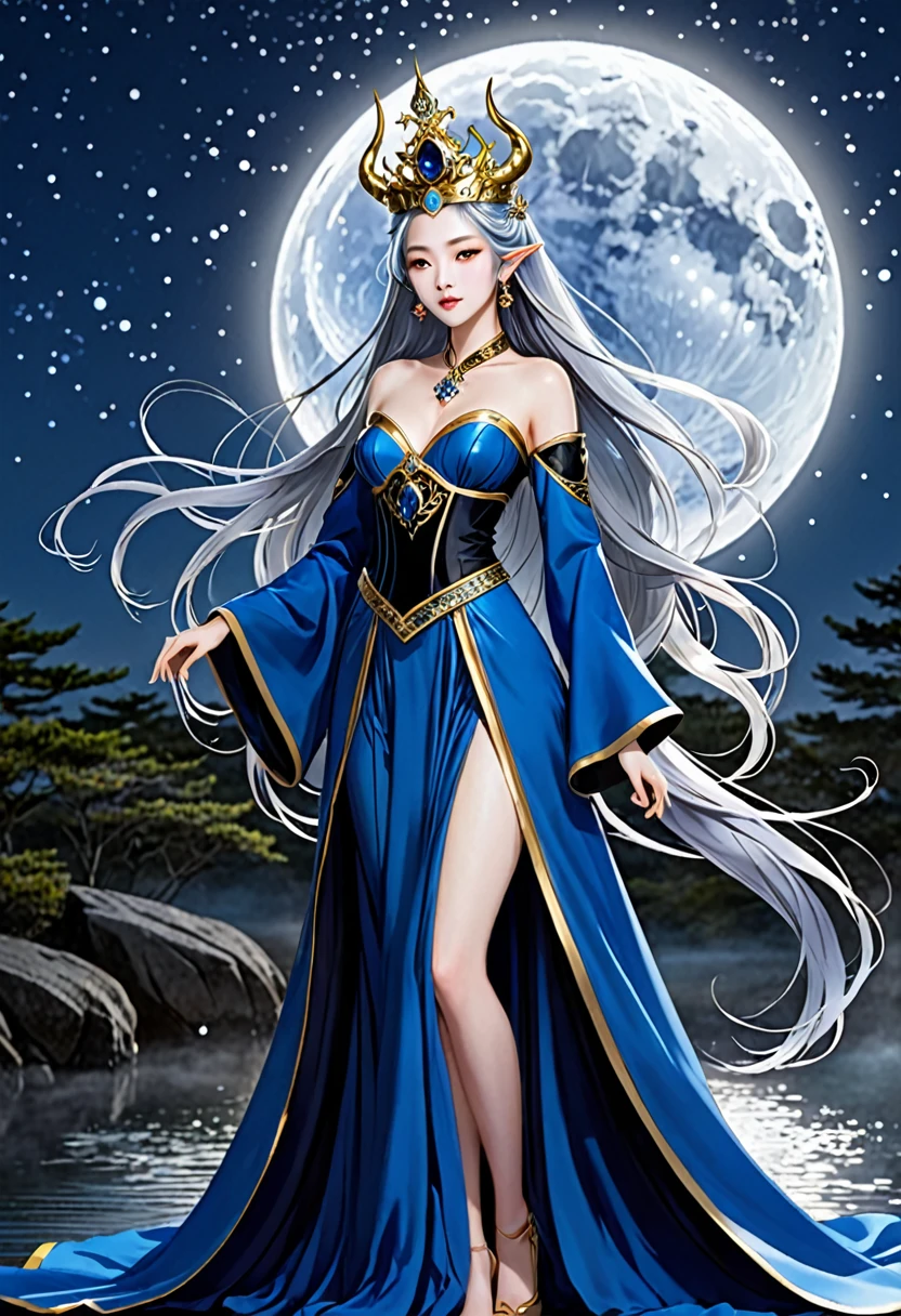 「A fantastic night sky with a shining full moon as a backdrop、Beautiful woman standing。She had long bluish-silver hair blowing in the wind.、On his head he wears a magnificent crown decorated with black horns.。Her outfit is deep blue、The chest is boldly open.、The design is decorated with gold。The arms have long sleeves、Her overall appearance is noble yet sexy.。In the background, the night sky、Aurora-like light spreads around the full moon、It enhances the mysterious atmosphere.。She is a water wizard、Its presence is overwhelming.、It is full of charm that draws the viewer in.。」