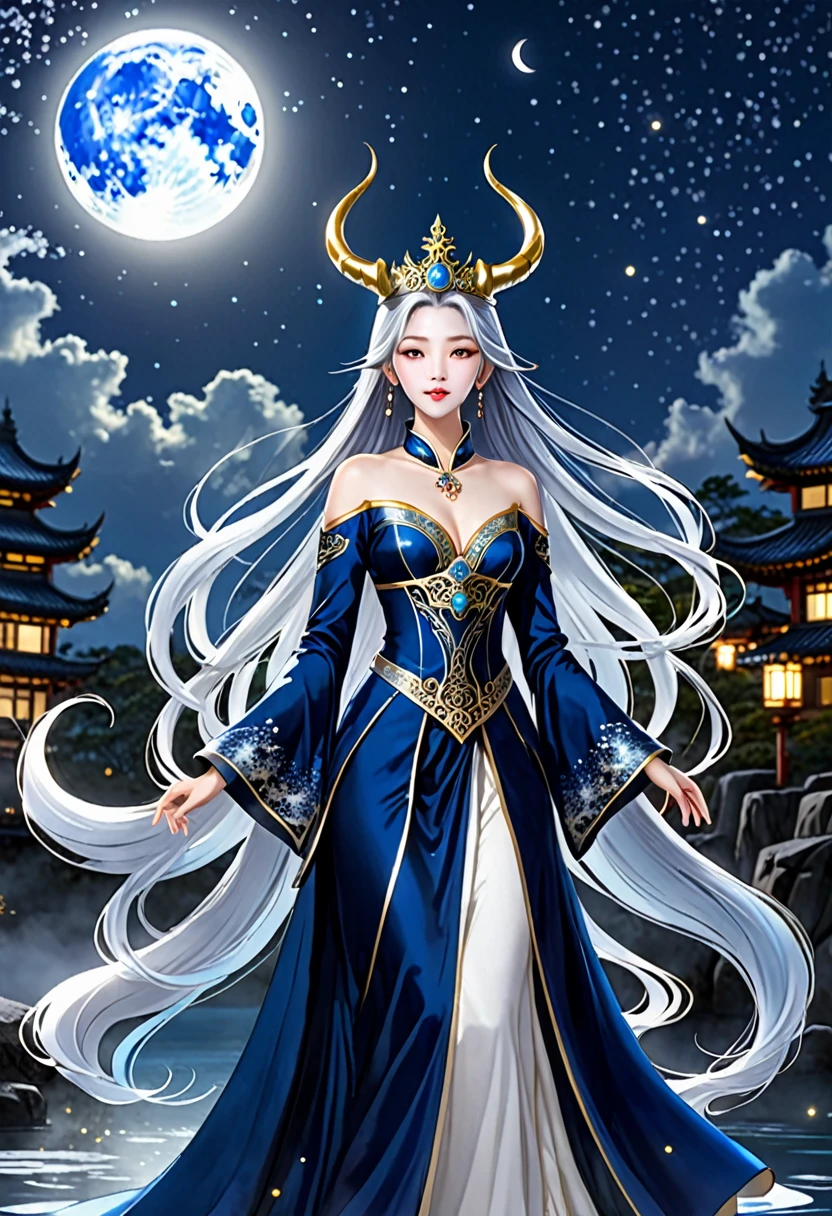 「A fantastic night sky with a shining full moon as a backdrop、Beautiful woman standing。She had long bluish-silver hair blowing in the wind.、On his head he wears a magnificent crown decorated with black horns.。Her outfit is deep blue、The chest is boldly open.、The design is decorated with gold。The arms have long sleeves、Her overall appearance is noble yet sexy.。In the background, the night sky、Aurora-like light spreads around the full moon、It enhances the mysterious atmosphere.。She is a water wizard、Its presence is overwhelming.、It is full of charm that draws the viewer in.。」