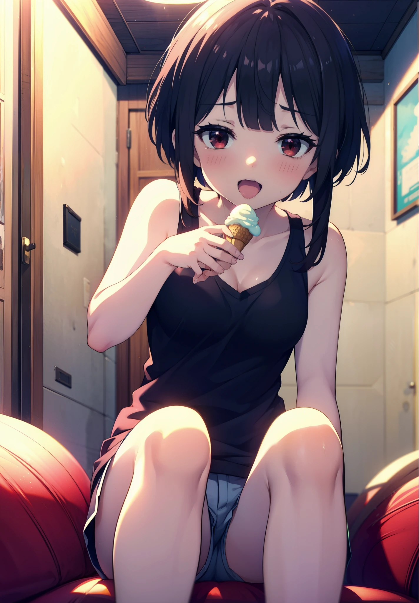 konosubaMegumin, Megumin, short hair, Black Hair, (Red eyes:1.3), short hair with long locks,happy smile, smile, Open your mouth,Tank top shirt with open mouth,Shorts,barefoot,barefoot,Holding and eating ice cream with right hand,Sitting on the sofa,whole bodyがイラストに入るように,morning,morning陽,The sun is rising,
break indoor, room,
break looking at viewer,whole body,
break (masterpiece:1.2), Highest quality, High resolution, unity 8k wallpaper, (figure:0.8), (Beautiful attention to detail:1.6), Highly detailed face, Perfect lighting, Highly detailed CG, (Perfect hands, Perfect Anatomy),