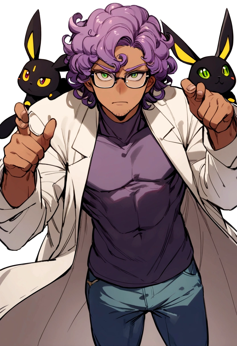 1man, 20s, strong body, latin, chin stubble, square face, tan skin, ((purple curly fluffy hair)), medium lenght hair, ((green eyes)), cool facial expression, (nice hands),  (grey turtleneck), lab coat, spectacles, jeans, sandals [pose with body turned in profile looking at viewer], determined facial expression, simple backgroun, accompanied by an Umbreon