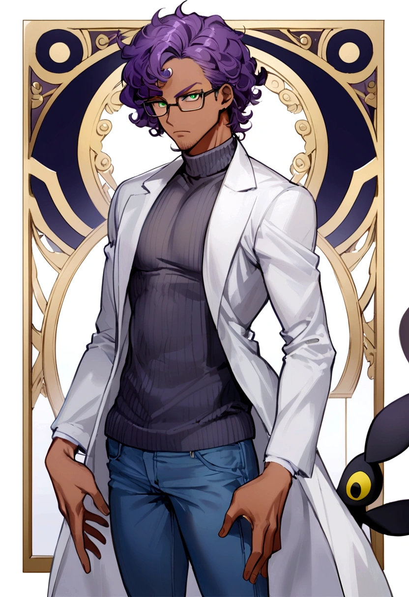 1man, 20s, strong body, latin, chin stubble, square face, tan skin, ((purple curly fluffy hair)), medium lenght hair, ((green eyes)), cool facial expression, (nice hands),  (grey turtleneck), lab coat, spectacles, jeans, sandals [pose with body turned in profile looking at viewer], determined facial expression, simple backgroun, accompanied by an Umbreon