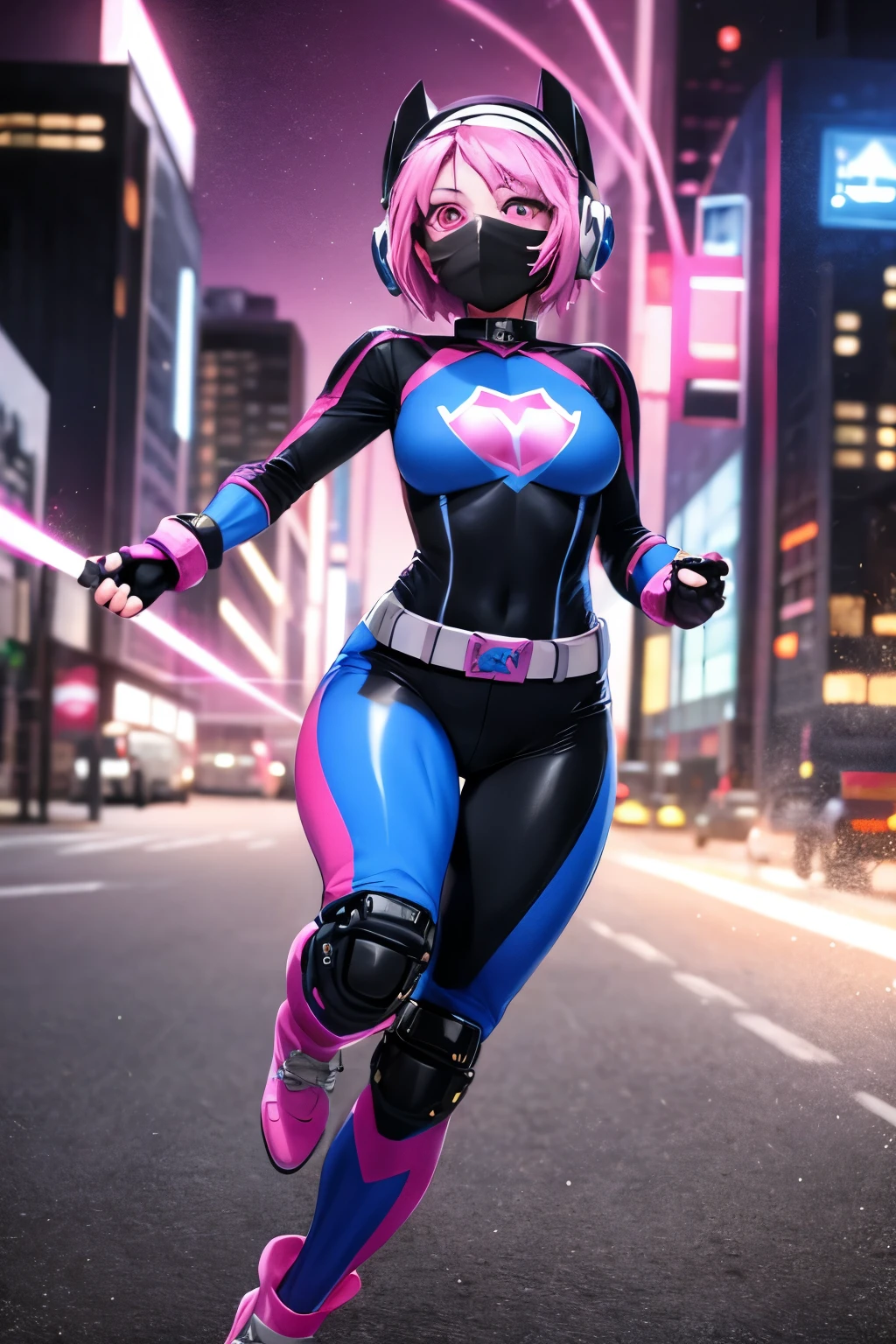 ((best quality)), ((masterpiece)), (detailed), 1 girl, full body, 20s, young adult, masked, black mask covering her entire head, smooth head, biker helmet, biker helmet with blue headphones on the sides, flashlight on her forehead, short pink hair coming out of her helmet, face, black collar, tall, slim, athletic, circles on her wrists, pink details, black fingerless gloves, pink wristbands, nanotech speedster suit that resembles light armor, blue chest with an emblem, blue chest, black suit with pink lines, pink speed emblem on her chest, pink emblem, blue pants, gray knee pads, metallic pink boots, white superhero belt, running through the city, pink light trail, laser, city background, anime