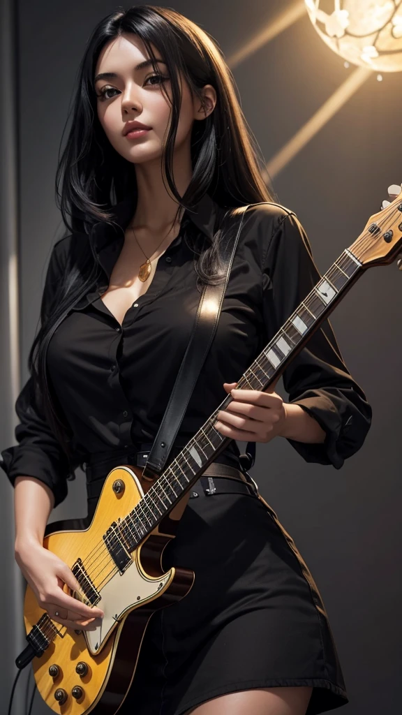 A beautiful black-haired woman holding a luminous guitar to her chest