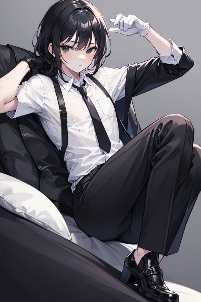 18-year-old boy，cute，Wear a white short-sleeved shirt and a black work tie，Wear black pants，Wear black booties，Wear white gloves，Black hair，Black eyes，Seductive pose