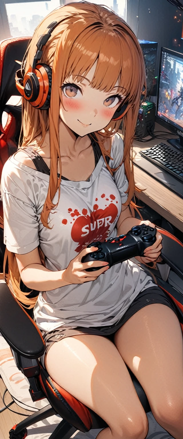 (masterpiece), (highest quality), (illustration), (super detailed), (high resolution), absurdity,1girl,solo,sakura futaba, persona, orange headphones,gaming chair,computer keyboard,desk,game controller,holding game controller,indoors,monitor,looking at viewer,smile,blush,sitting