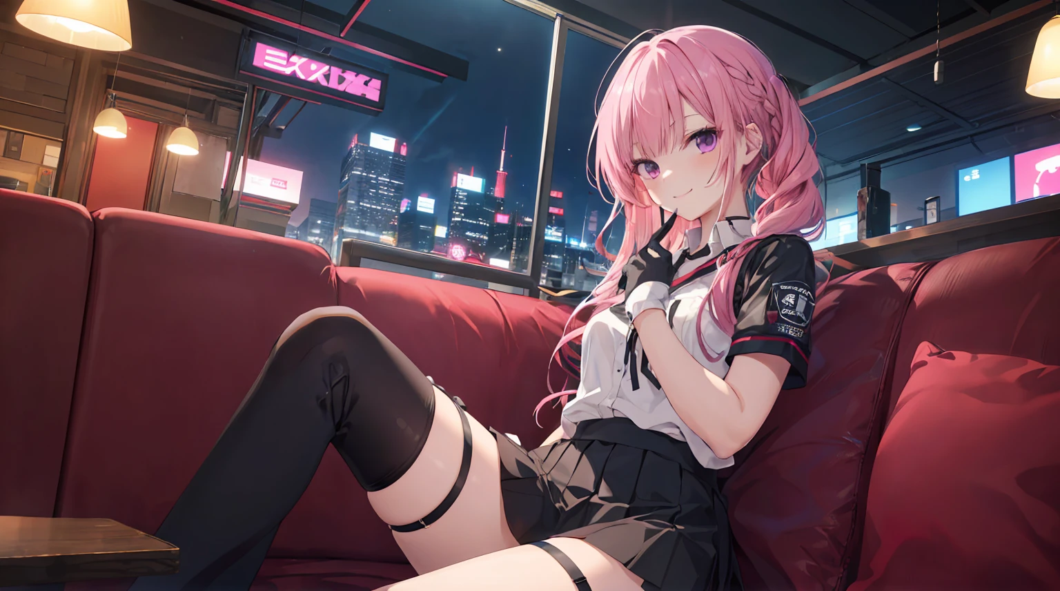 a girl，独奏，Long pink hair，gentle，Smile，Medium-hair long，dishiveredhair，short sleeves，short sleeves game clothes，black skirt，black gloves，cyberpunk characters,night, night city background，Digital punk, anime style 4k, Sitting on the sofa，indoors，In the restaurant，black stockingitsukasa ayase、character-centered