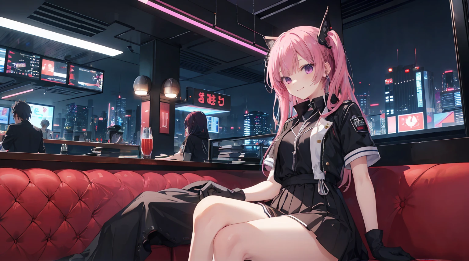 a girl,独奏,Long pink hair,gentle,Smile,Medium-hair long,dishiveredhair,short sleeves,short sleeves game clothes,black skirt,black gloves,cyberpunk characters,night, night city background,Digital punk, anime style 4k, Sitting on the sofa,indoors,In the restaurant,black stockingitsukasa ayase、character-centered