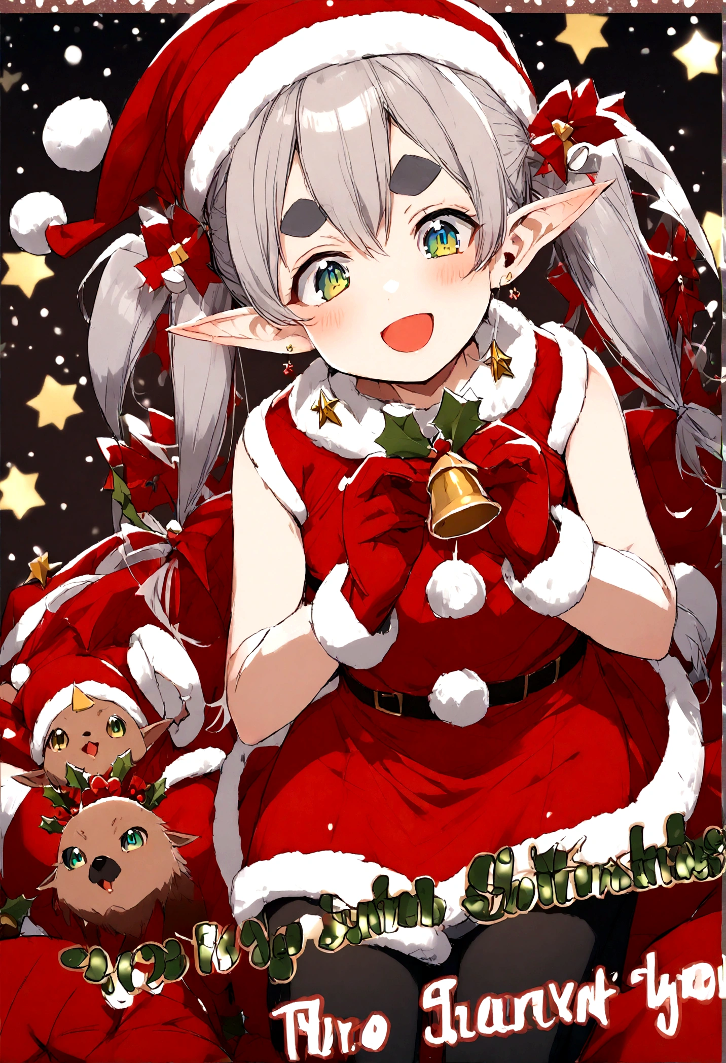 masterpiece, Highest quality, High resolution, Absurd, Super detailed,
thank you, Long Hair, (Gray Hair, Twin tails), Pointed Ears, Earrings, Thick eyebrows, Small Beast, Green Eyes, ((Red Santa Dress, Santa hat, No sleeve, Black Pantyhose)),
I have a big gift box, holding a box in hands, smile, Blushing , Ask the audience to stand, street, night, it's snowing, Christmas lights,