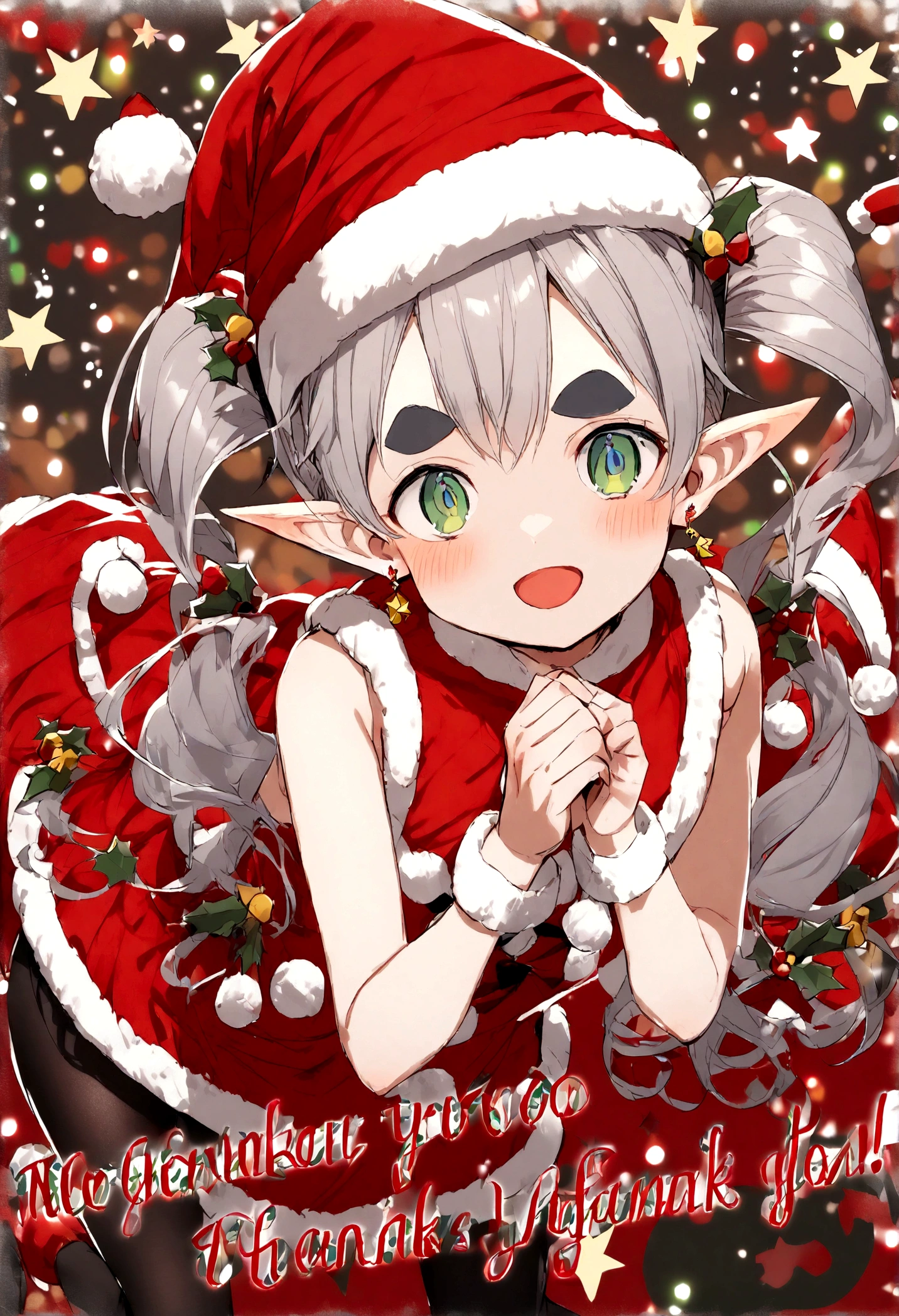 masterpiece, Highest quality, High resolution, Absurd, Super detailed,
thank you, Long Hair, (Gray Hair, Twin tails), Pointed Ears, Earrings, Thick eyebrows, Small Beast, Green Eyes, ((Red Santa Dress, Santa hat, No sleeve, Black Pantyhose)), 
I have a big gift box, holding a box in hands, smile, Blushing , Ask the audience to stand, street, night, it&#39;s snowing, Christmas lights,