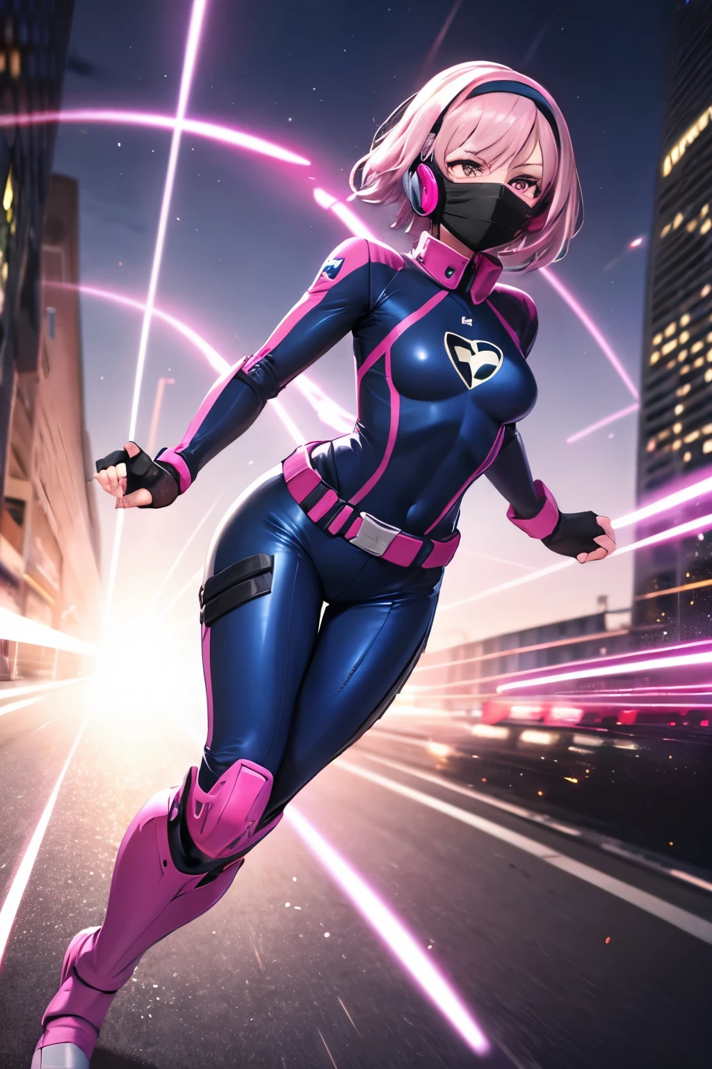 ((best quality)), ((masterpiece)), (detailed), 1 girl, full body, 20s, young adult, masked, black mask covering her entire head, smooth head, biker helmet, biker helmet with blue headphones on the sides, flashlight on her forehead, short pink hair coming out of her helmet, face, black collar, tall, slim, athletic, circles on her wrists, pink details, black fingerless gloves, pink wristbands, nanotech speedster suit that resembles light armor, blue chest with an emblem, blue chest, black suit with pink lines, pink speed emblem on her chest, pink emblem, blue pants, gray knee pads, metallic pink boots, white superhero belt, running through the city, pink light trail, laser, city background, anime