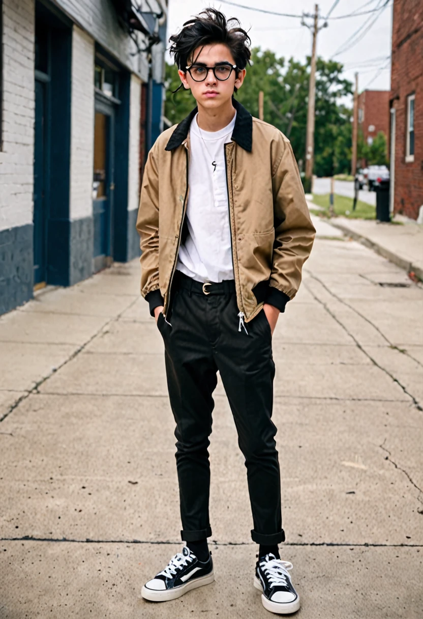 A teenager standing with a lightning scar on his head wearing round glasses, Messy black hair, a brown jacket, white shirt with black pants and classic black shoes