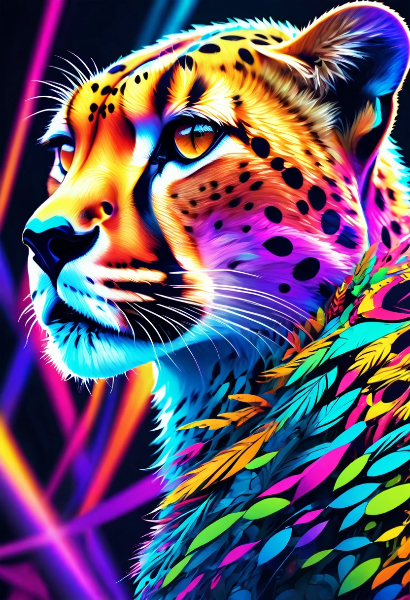 cheetah, psychedelic art, surreal, abstract, colorful, vibrant, trippy, kaleidoscopic, prismatic, neon colors, glowing, futuristic, digital art, 3D render, cinematic lighting, dramatic shadows, (best quality,4k,8k,highres,masterpiece:1.2),ultra-detailed,(realistic,photorealistic,photo-realistic:1.37),intricate details, sharp focus, vivid colors, hypnotic, mesmerizing, captivating