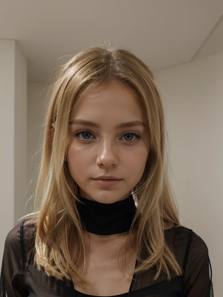 un contact visuel d'une blonde et au thème sombre, vêtements transparents, bien formée