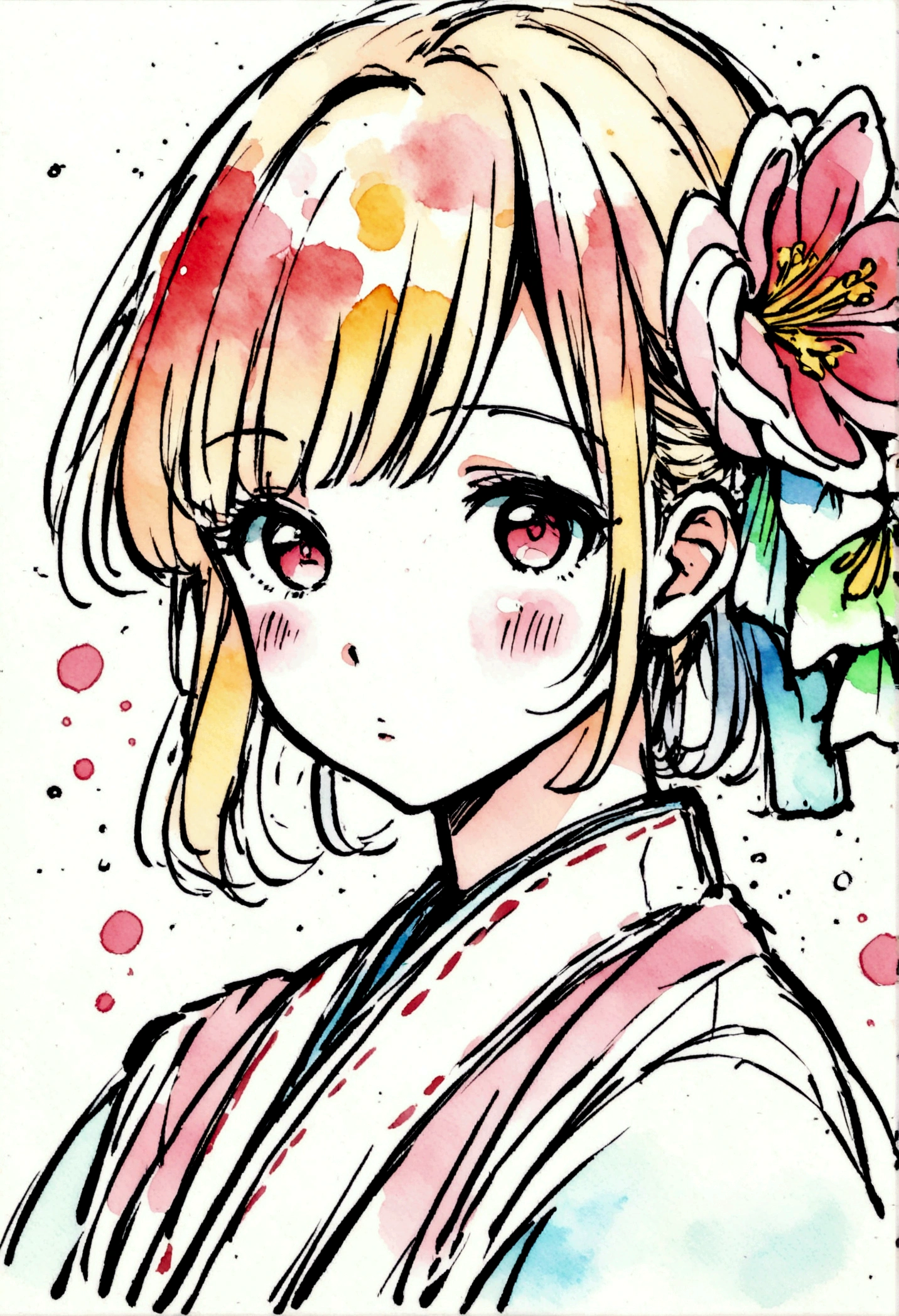 flower,girl, japanese manga style, sketch, Watercolor Colors.