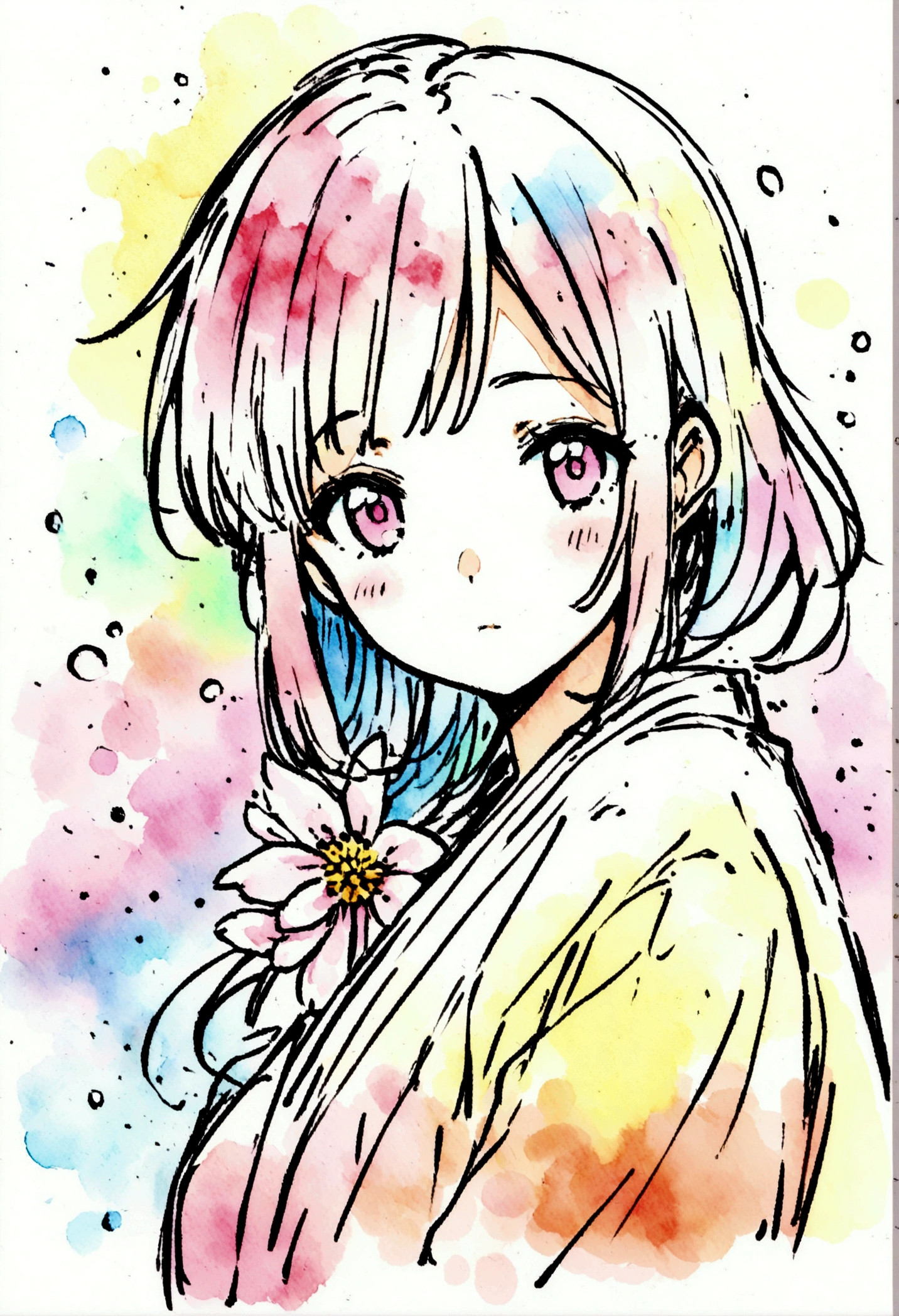 flower,girl, japanese manga style, sketch, Watercolor Colors.