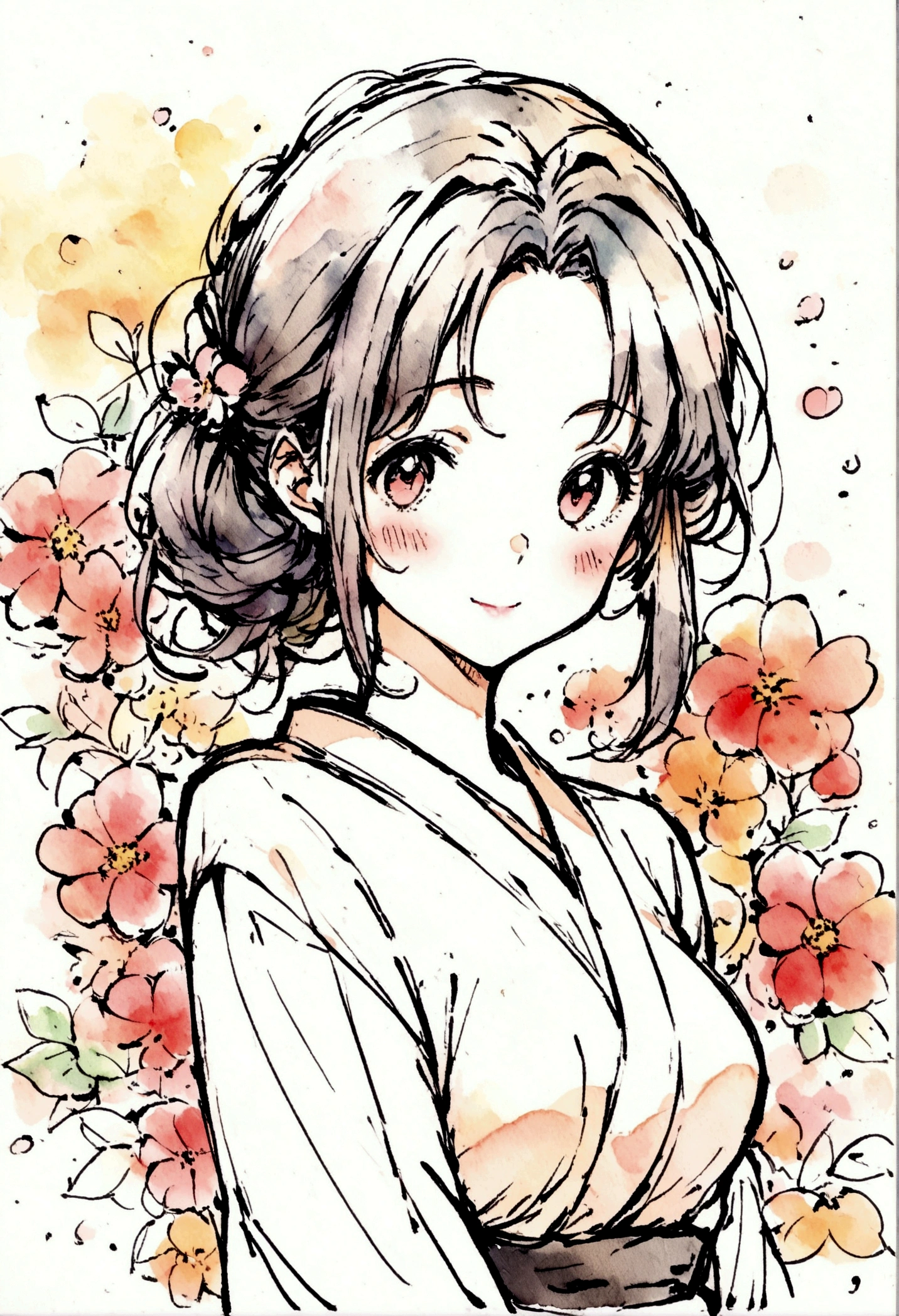 flower,girl, japanese manga style, sketch, Watercolor Colors.