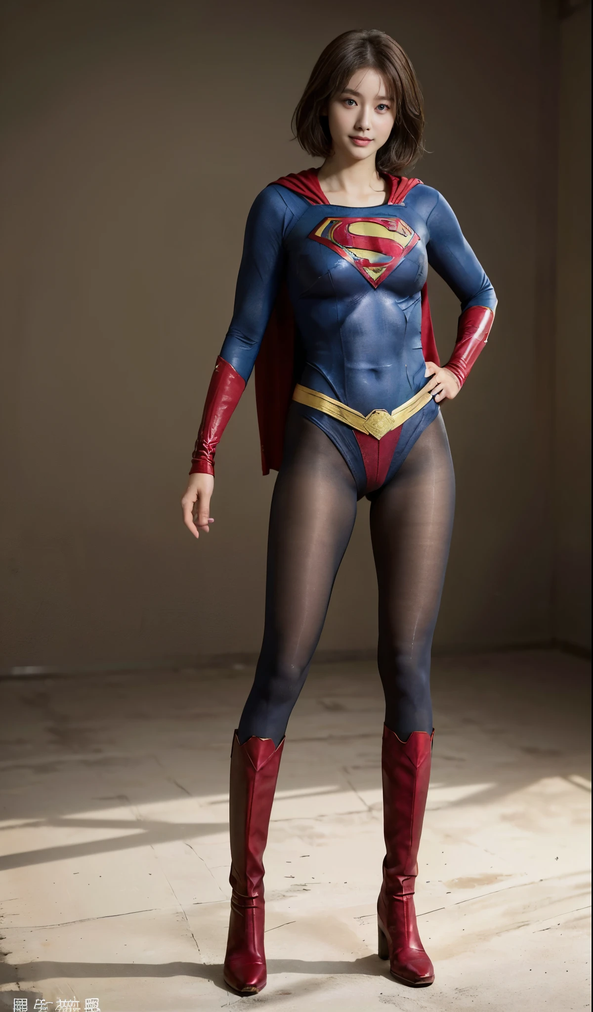 No background、(((Beautiful legs in black tights.)))、(((Legally express the beauty of your smile)))、((((Make the most of your original images)))、(((Supergirl Costume)))、(((Beautiful very short hair)))、(((suffering)))、(((Please wear black tights....、Wear red boots)))、((Best image quality、8K))、((Highest quality、8K、masterpiece:1.3))、(((Preserve background )))、Sharp focus:1.2、Beautiful woman with perfect figure:1.4、Slim Abs:1.2、Wet body:1.5、Highly detailed face and skin texture、8K