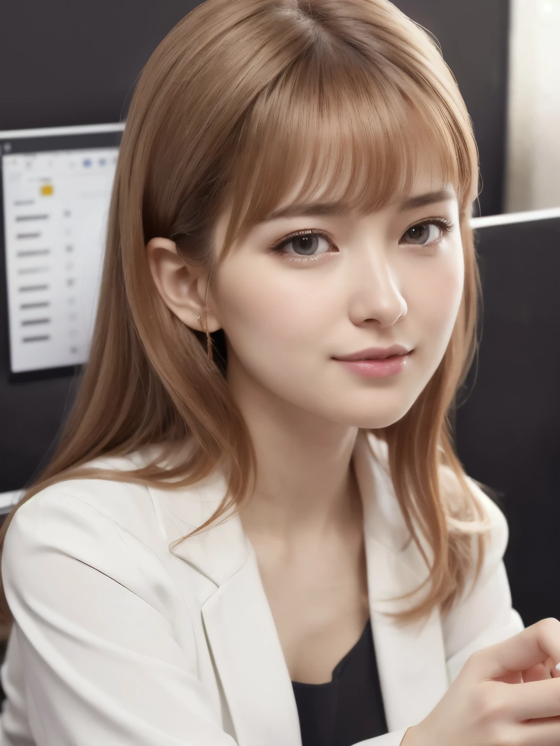(RAW Photos, Highest quality), (Realistic, photo-Realistic:1.3), masterpiece, Very delicate and beautiful, Very detailed, CG, Unity , 2k wallpaper, wonderful, In detail, A light smile, Very detailed CG Unity 8k wallpaper, Large file size, Very detailedな, High resolution, Absurd, Soft Light, (((Medium Hair:1.3), Short bangs, NovaFrogStyle)), Beautiful detailed girl, Detailed fingers, Very detailed eyes and face, Beautiful and detailed nose, Beautiful details, Long eyelashes, Light on the face, Show Viewer,((Office Suits:1.5)), One Girl, cute, young, Adult face, (whole body:1.3),  Realistic face, Realistic body, Beautiful thigh detail, 