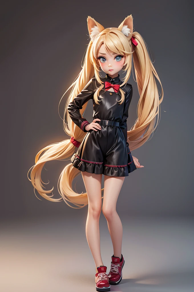 hyperrealistic 14 year old american teen, blonde, perfect tiny body, sexy, dark makeup, perfect slim face, big red lips, very cute face, tiny body, big eyes, young looking, childish looking, two ponytails, brown dog ears, brown dog tail, full body costume