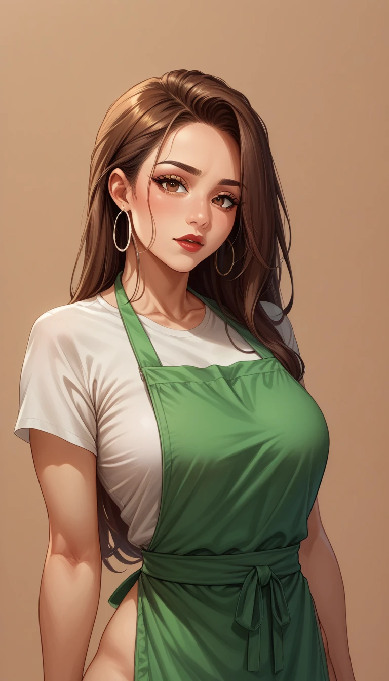 masterpiece, Highest quality, 8K, Official Art, Cinematic Light, Ultra-high resolution, Close-up photo of the face、One mature woman, Sexy mother, Earrings, Long Hair, View your viewers, hoop Earrings, Brown Hair, Brown eyes, Brown background, White T-shirt BREAK Green apron、, Red lips、Hair pulled back tightly、