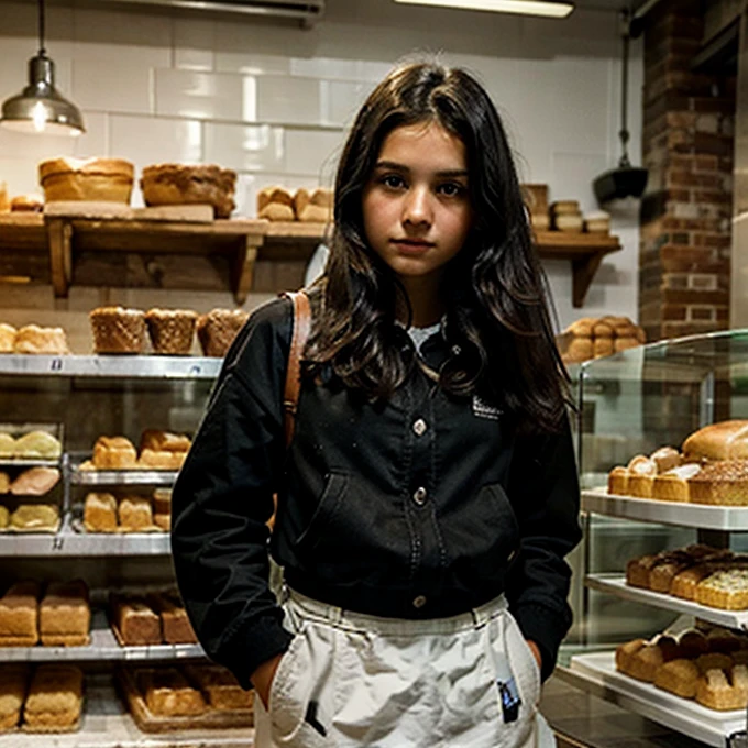 ((best quality)), ((masterpiece)), (detailed), **-****-*** girl, black hair, whitout clothes, standing in a bakery,