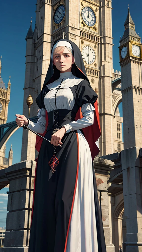 Elizabeth Barton, a 16th-century nun, standing on London Bridge, her head held high on a spike, vivid colors, 3D, hyperrealistic, cinematic.