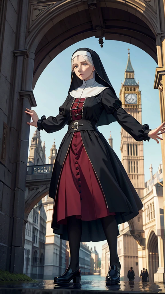 Elizabeth Barton, a 16th-century nun, standing on London Bridge, her head held high on a spike, vivid colors, 3D, hyperrealistic, cinematic.