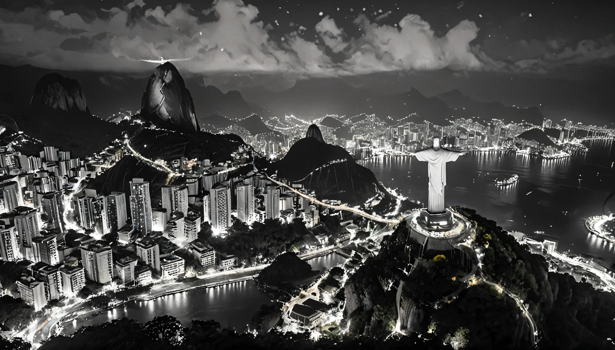 Reality,4K,8K, Vibrant and colorful night scenery ,Brazil,Rio de Janeiro,Christ the Redeemer ,grayscale