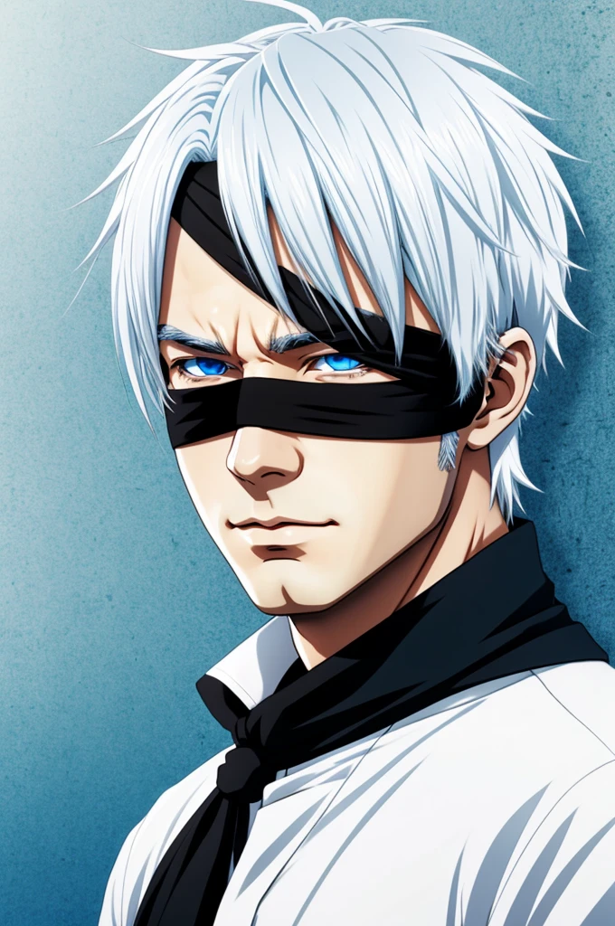 Anime style man character with blue eyes and white hair with a black blindfold